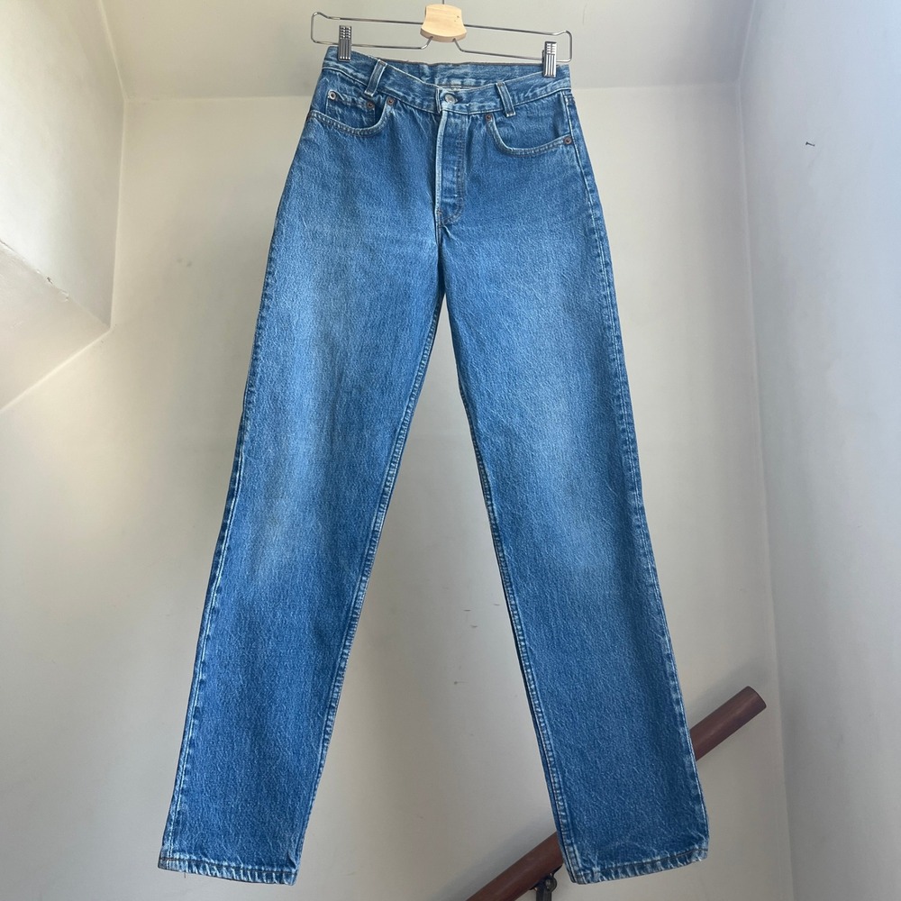 Vintage Levis 701 Student Fit Jeans 27 Blue Button Fly Straight Leg Made in USA